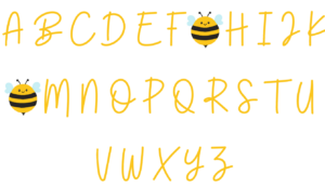 Vertical handwritten message with cute bees and blue hearts; reads'Happy Birthday' and 'Make a Wish!' in yellow lettering.